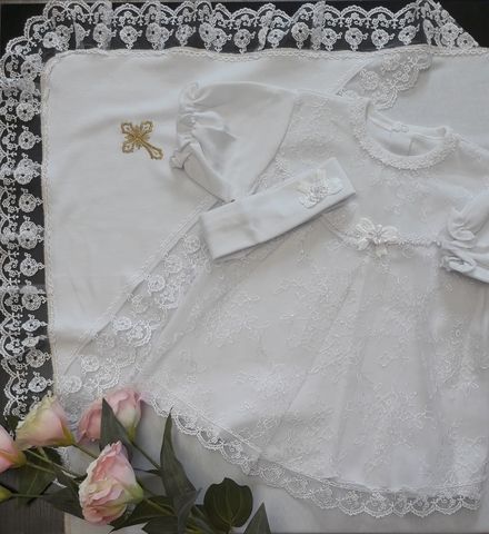 Крестильный набор "Малышка" рост 56-62 белый/золото , с кружевной пеленкой