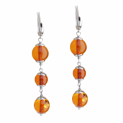 Серьги дорожка из янтарных шаров коньячного цвета