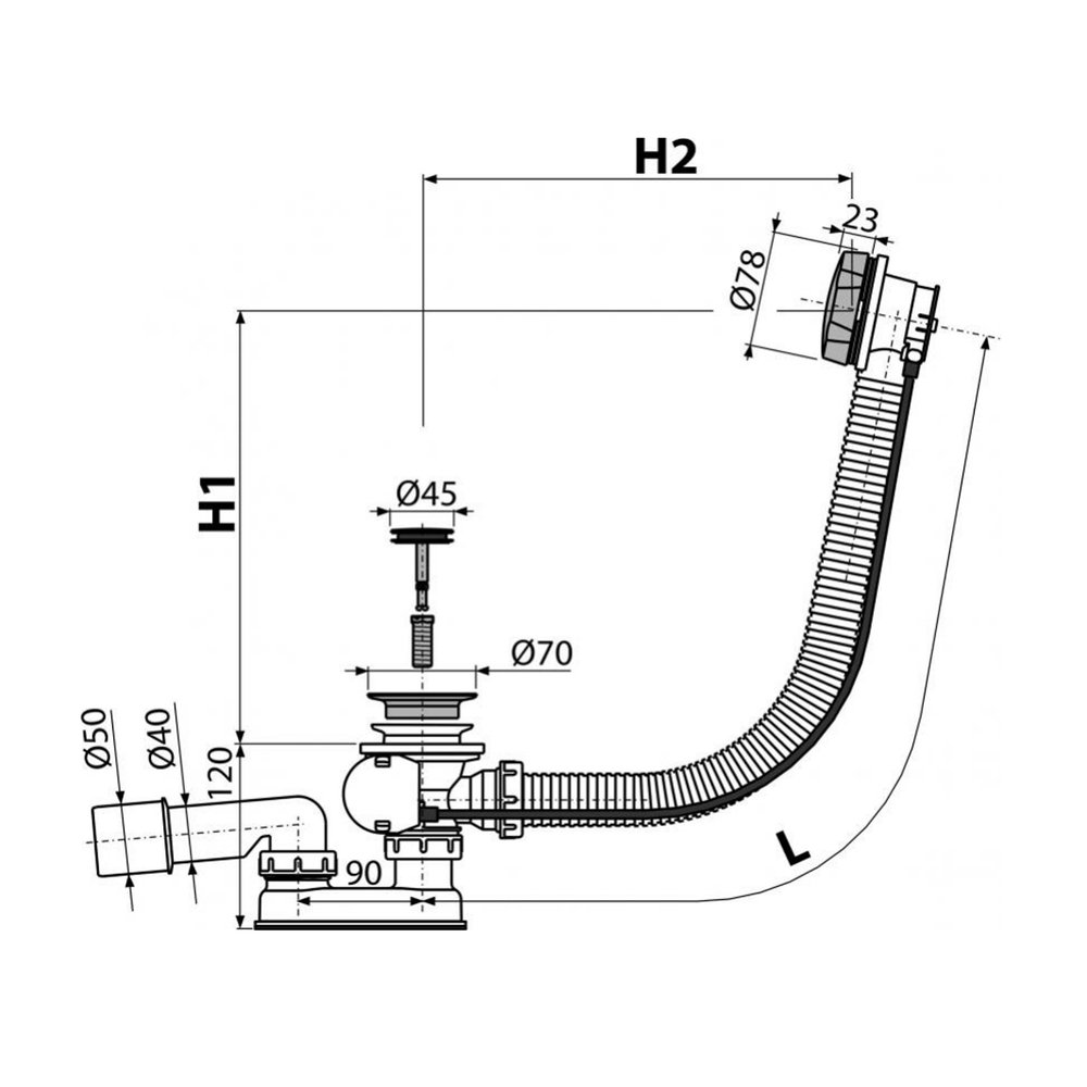 Обвязка для ванны 80 см полуавтомат пласт.хром пробка 45мм мет. пов. хром A55K-80-VE-01 Alcadrain