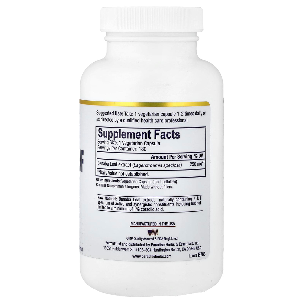 Paradise Herbs, Экстракт листьев банабы, 180 вегетарианских капсул (250 мг на капсулу)