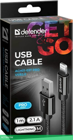 Кабель Defender ACH01-03T Lightning to USB2 1 m 87808 Black