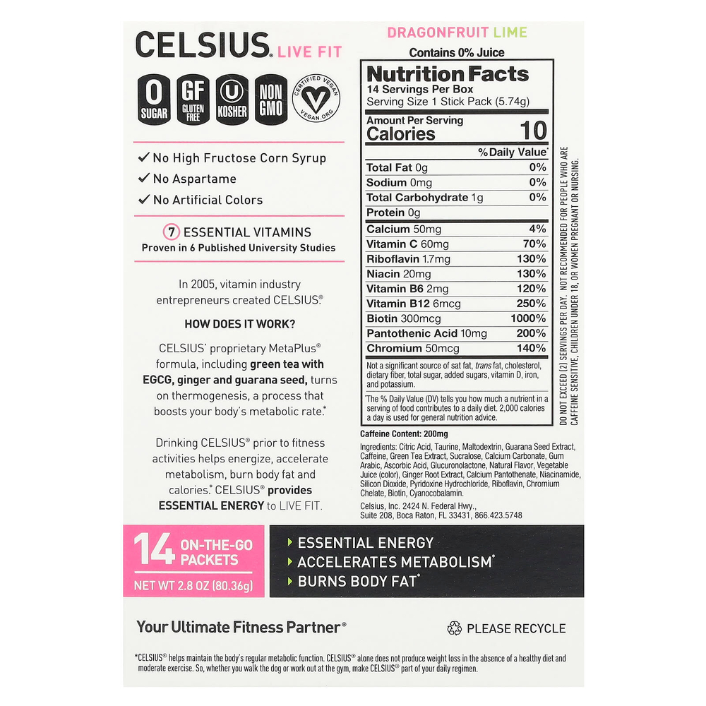 Celsius, Live Fit, драконий фрукт и лайм, 14 пакетиков по 5,74 г (0,2 унции)