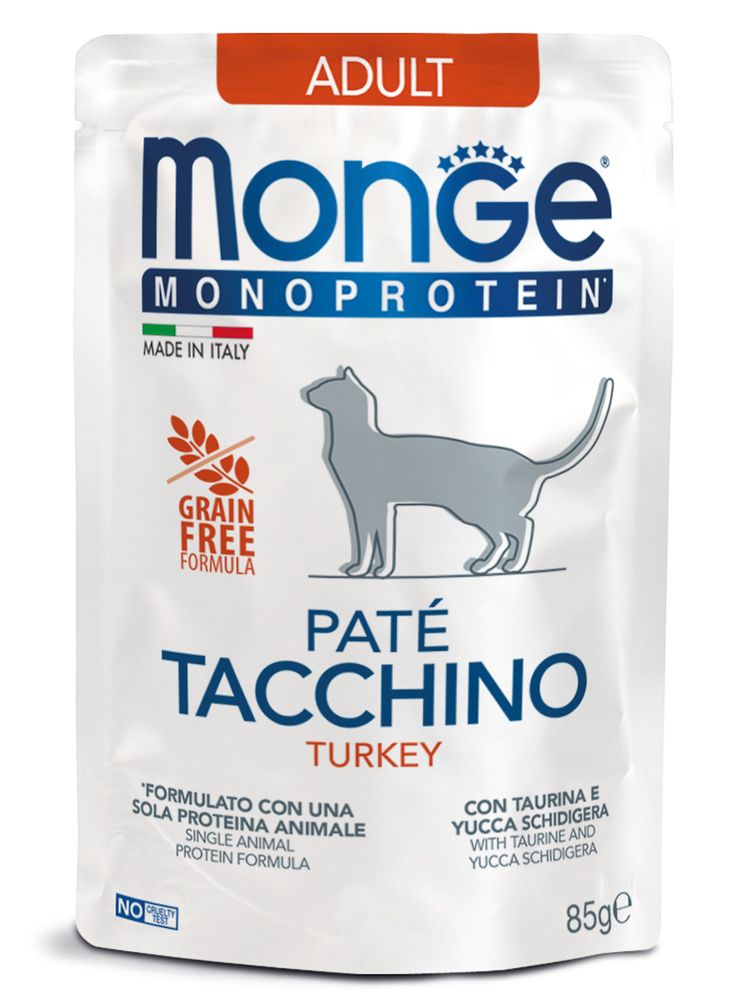 Влажный корм Monge Cat Monoprotein для взрослых кошек, из индейки, паучи 85 г