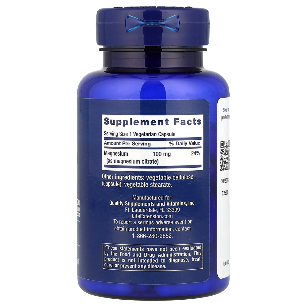 Life Extension, магний (цитрат), 100 мг, 100 вегетарианских капсул