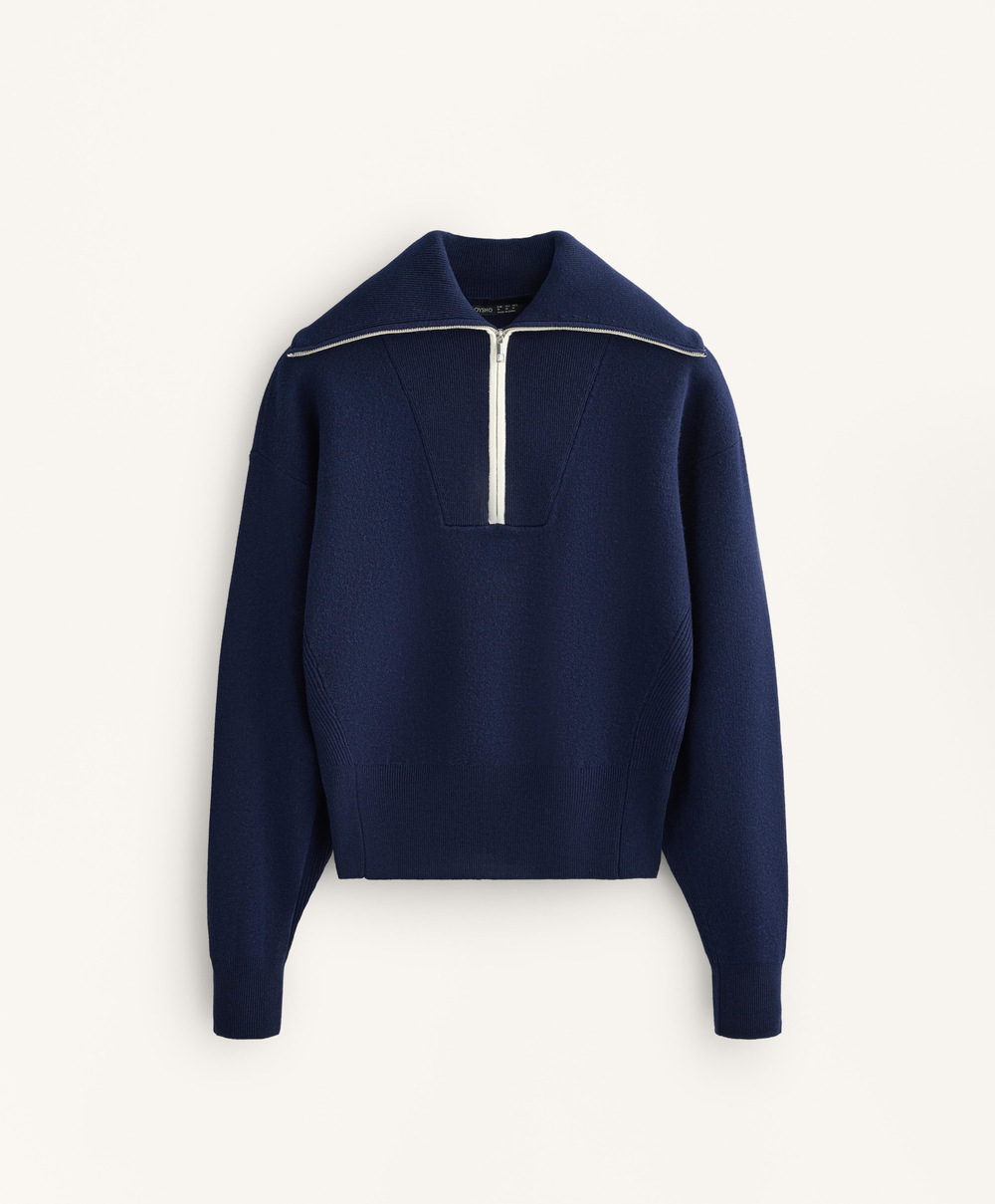 Oysho Свитер с высоким воротником и молнией до уровня груди, синий