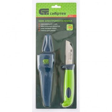 Нож монтажника с чехлом, обрезиненная рукоятка, 190 мм, лезвие - 67 мм Сибртех 79012