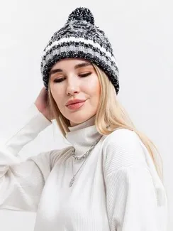 Шапка женская MINAKU с помпоном и подворотом, размер 54-56, цвет черный