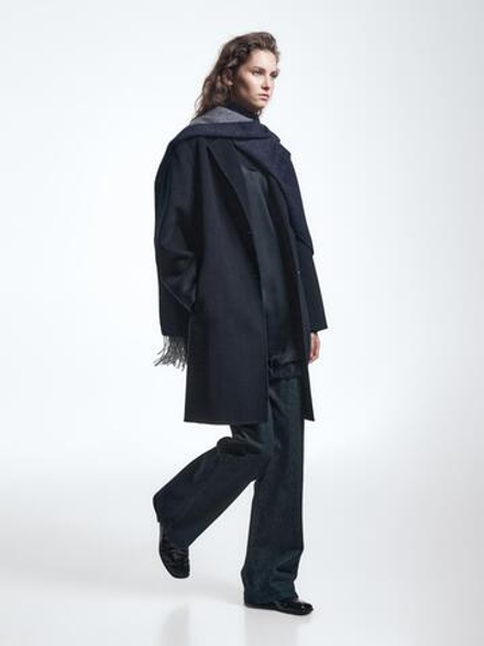 Massimo Dutti Длинное пальто из смесовой шерсти с двумя пуговицами, темно-синий