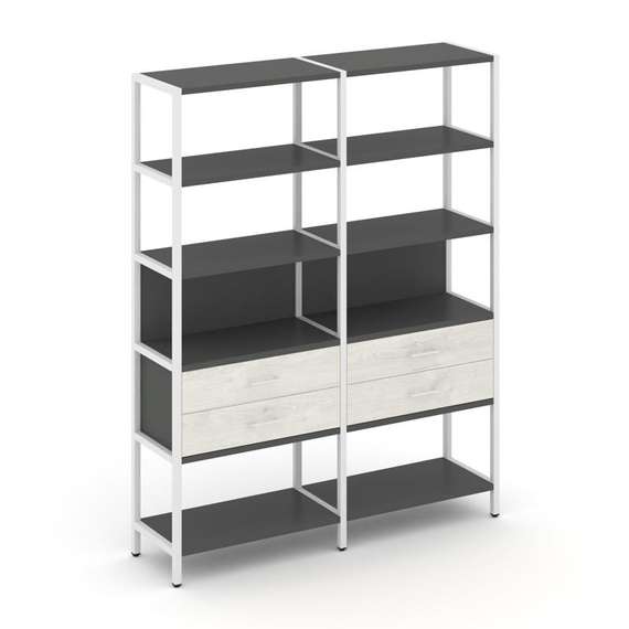 Shelf System Двухсекционный стеллаж пятиярусный с ящиками SN.STM-522 Антрацит/Дуб Наварра/Металл Бел