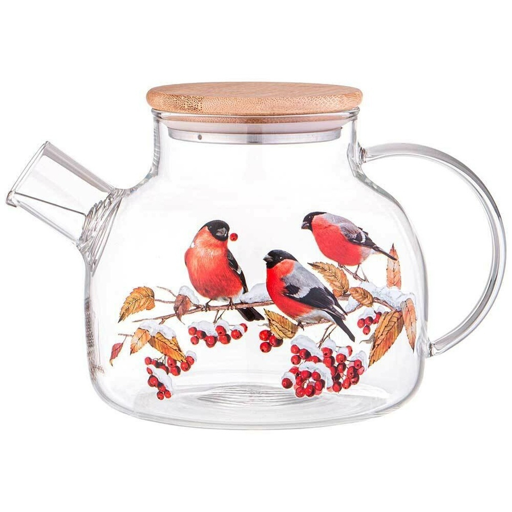 Чайник заварочный 1л "Снегири" с бамбуковой крышкой