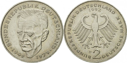 Германия 2 марки, 1979 - 1993 Курт Шумахер XF