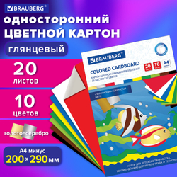 Картон цветной А4 МЕЛОВАННЫЙ ВОЛШЕБНЫЙ EXTRA, 20 листов, 10 цветов, в папке, BRAUBERG, 200х290 мм, 113546