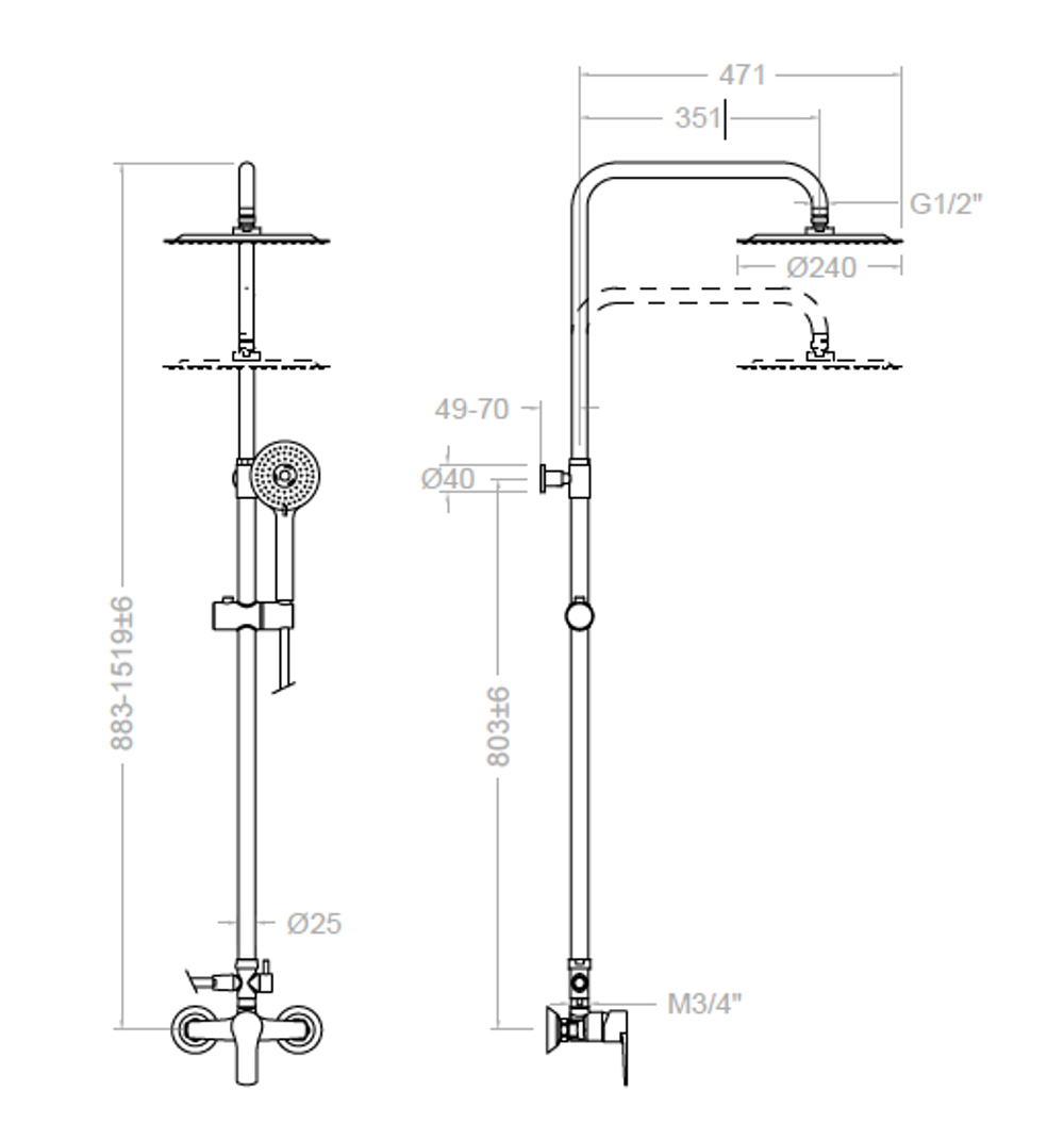 Душевая система без излива с регулировкой высоты TITANIUM 187402RP240