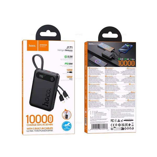 Hoco J171 Edge 22.5W+PD20W универсальный портативный аккумулятор с 2 кабелями(10000mAh)