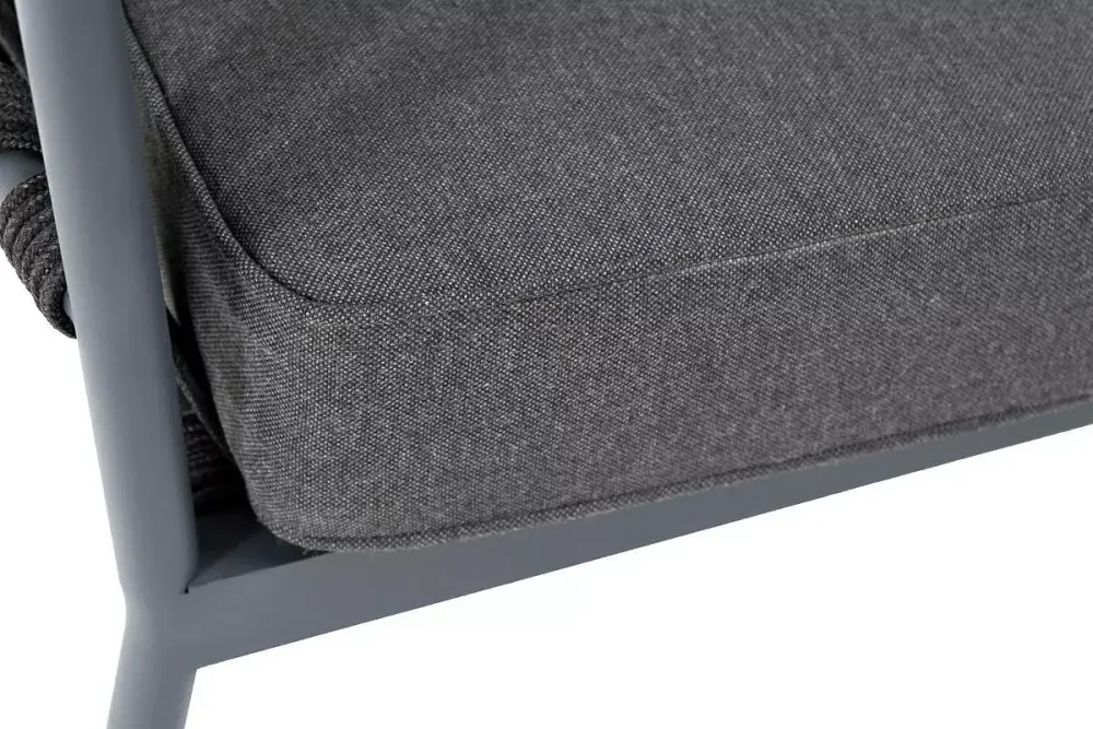 "Диего" диван 2-местный плетеный из роупа, каркас алюминий темно-серый (RAL7024) муар, роуп темно-серый круглый, ткань темно-серая 027