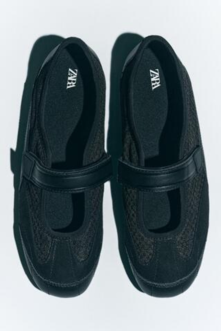 ZARA БАЛЕТКИ ИЗ СЕТЧАТОЙ ТКАНИ, ЧЕРНЫЙ