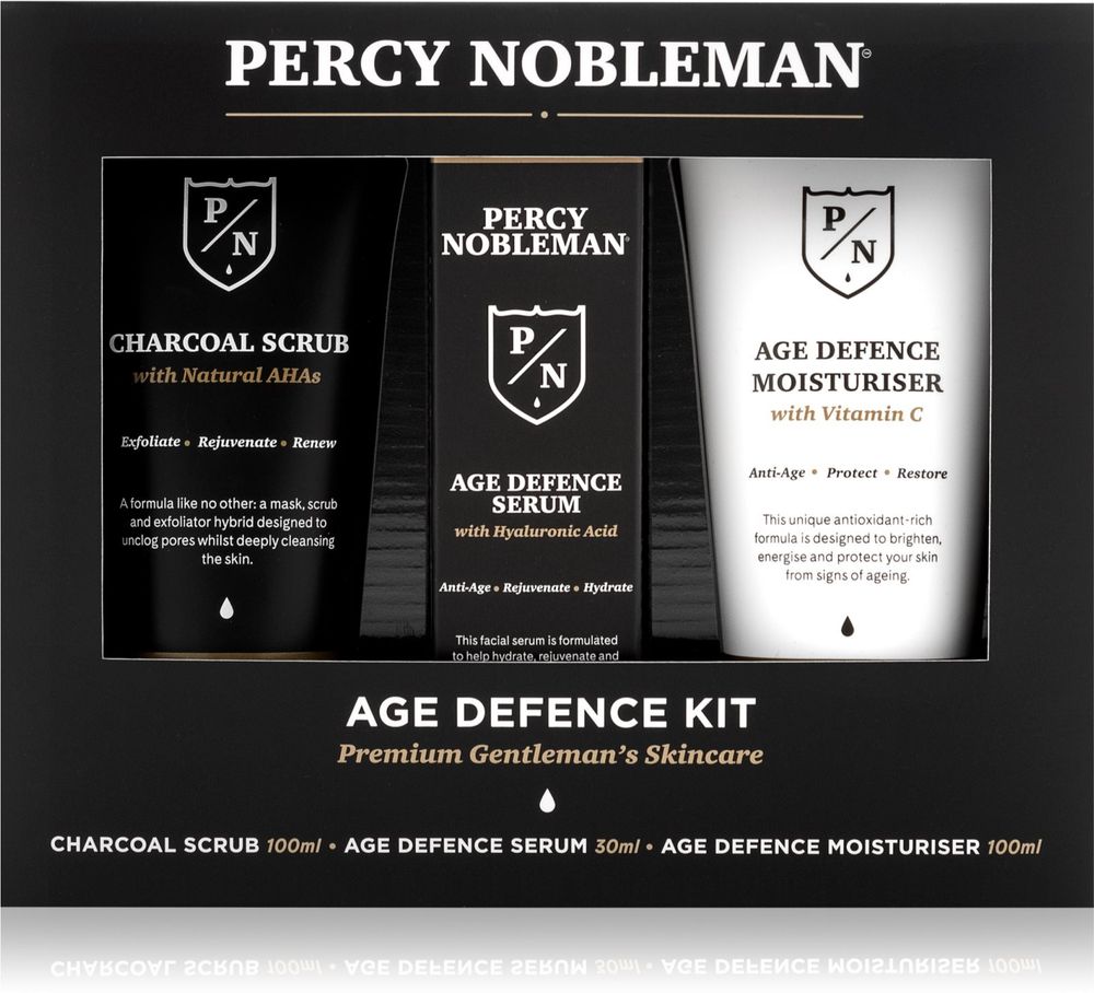 Percy Nobleman отшелушивающее очищающее средство для лица 3-в-1 100 мл + антивозрастная сыворотка 30 мл + антивозрастной увлажняющий крем с витамином С 100 мл Age Defence Kit