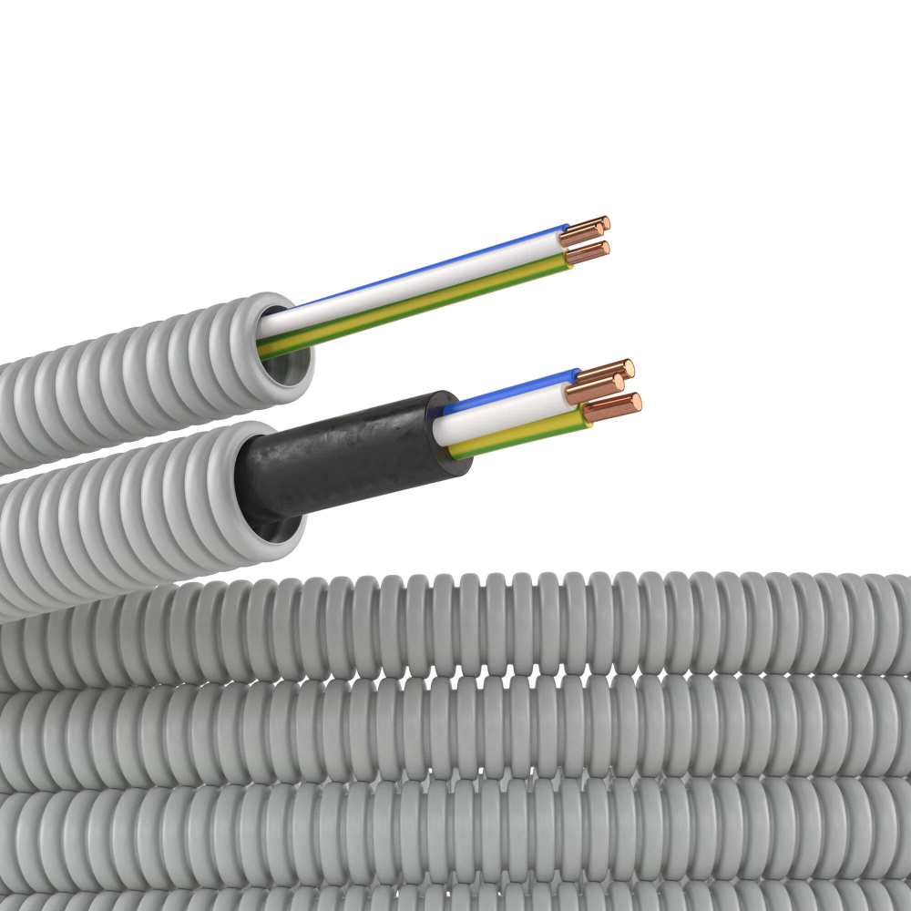 Электротруба ПВХ гибкая гофр. д.16мм, цвет серый, с проводом ПуВ 3х2,5мм² РЭК "ГОСТ+", 25м