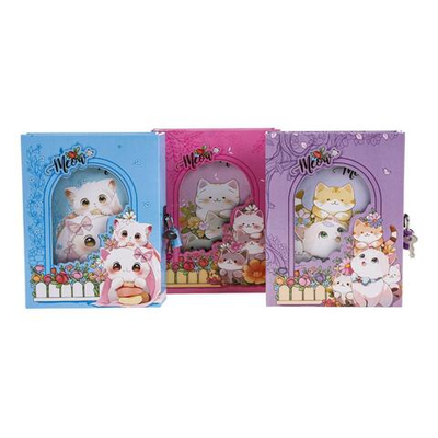 Блокнот "Кошечки" в коробке с вырубкой на замке, 16*12,5см, 45л, 3 цвета микс