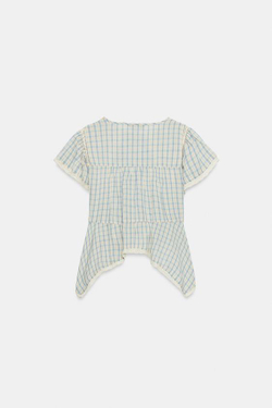 ZARA ТОП В КЛЕТКУ С ВЫШИВКОЙ И КРУЖЕВОМ, СИНИЙ/БЕЛЫЙ