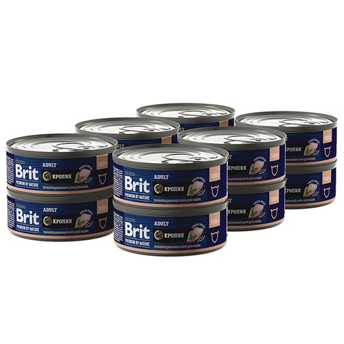 Консервы Brit Premium by Nature Adult для взрослых кошек, с мясом кролика, 12 шт x100 г