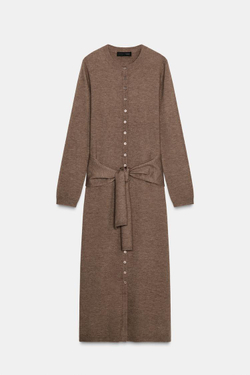 ZARA ТРИКОТАЖНОЕ ПЛАТЬЕ МИДИ С ПОЯСОМ, СЕРОВАТО-КОРИЧНЕВЫЙ