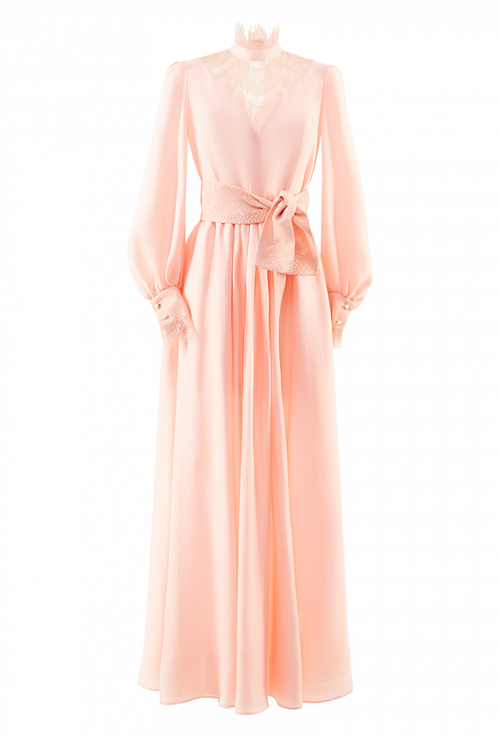 Длинное платье со вставкой кружево розовое 34-02-20 SS