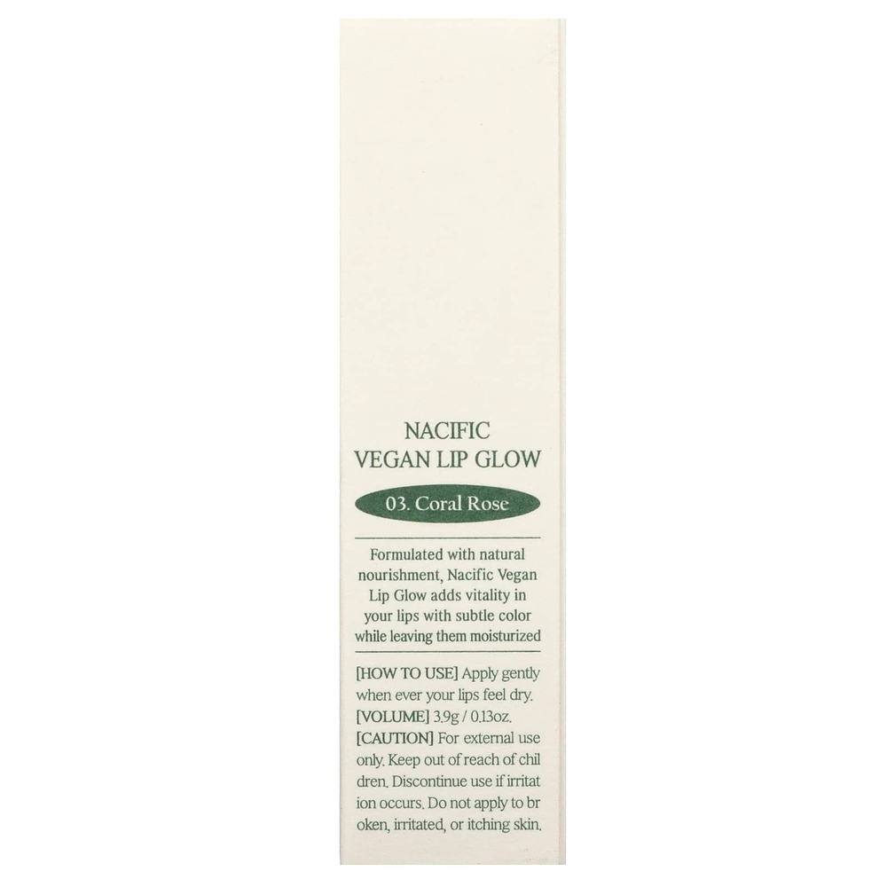 Nacific, Vegan Lip Glow, 03 коралловая роза, 3,9 г (0,13 унции)