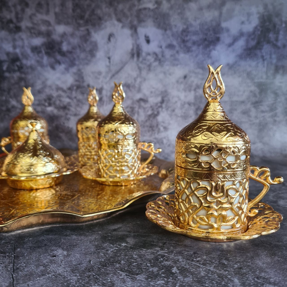 Кофейный набор "Тюльпан" на 6 персон с подносом/ACAR. Турция (золотистый 27 предметов)