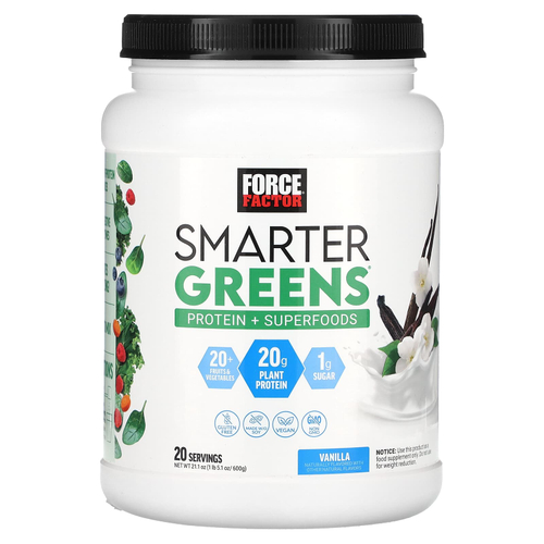 Force Factor, Smarter Greens Protein + Superfoods, ваниль, 600 г (1 фунт)