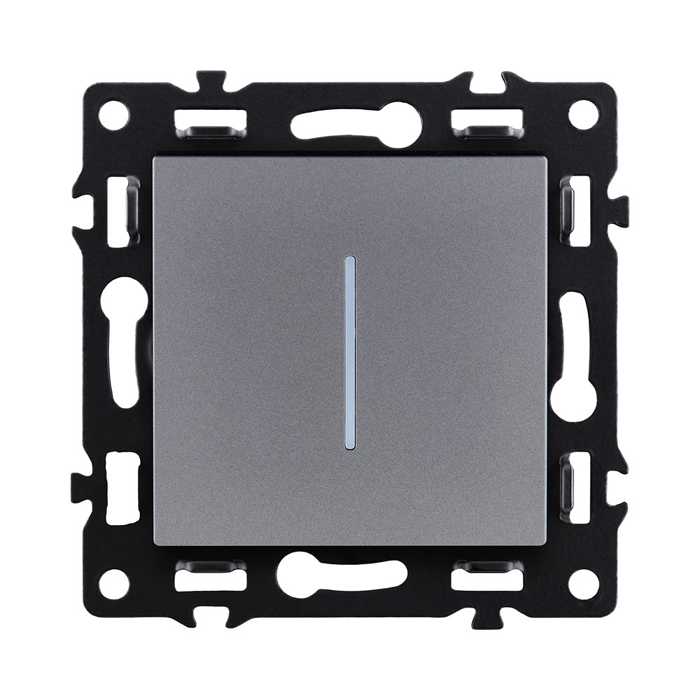 Выключатель кнопочный 1-клавишный 10А/250В с LED подсветкой, серый Kollinger Asthetik AS-012GY