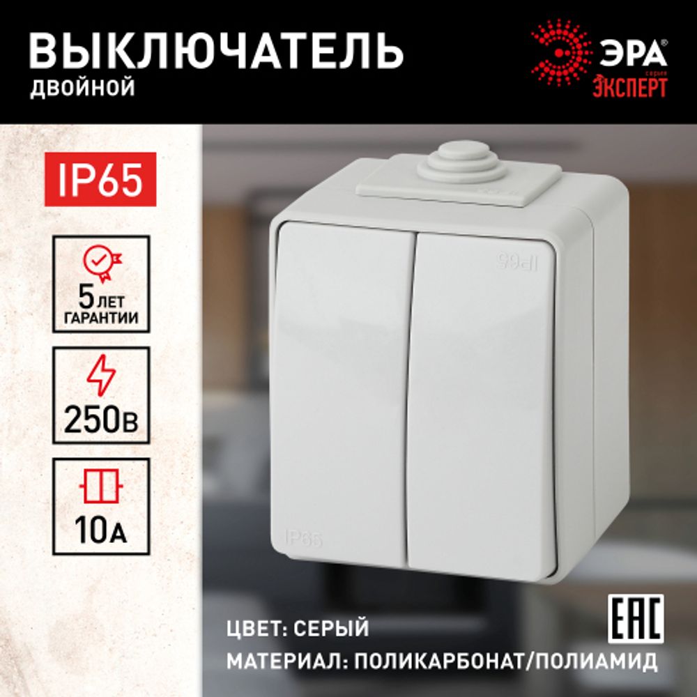 11-1604-03 ЭРА Выключатель двойной IP65, 10АХ-250В, ОУ, Эра Эксперт, серый