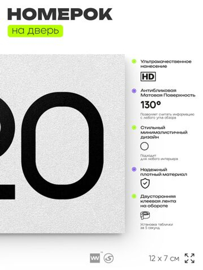 Номер на дверь 820, табличка на дверь для офиса, квартиры, кабинета, аудитории, склада, белая 120х70 мм, Айдентика Технолоджи