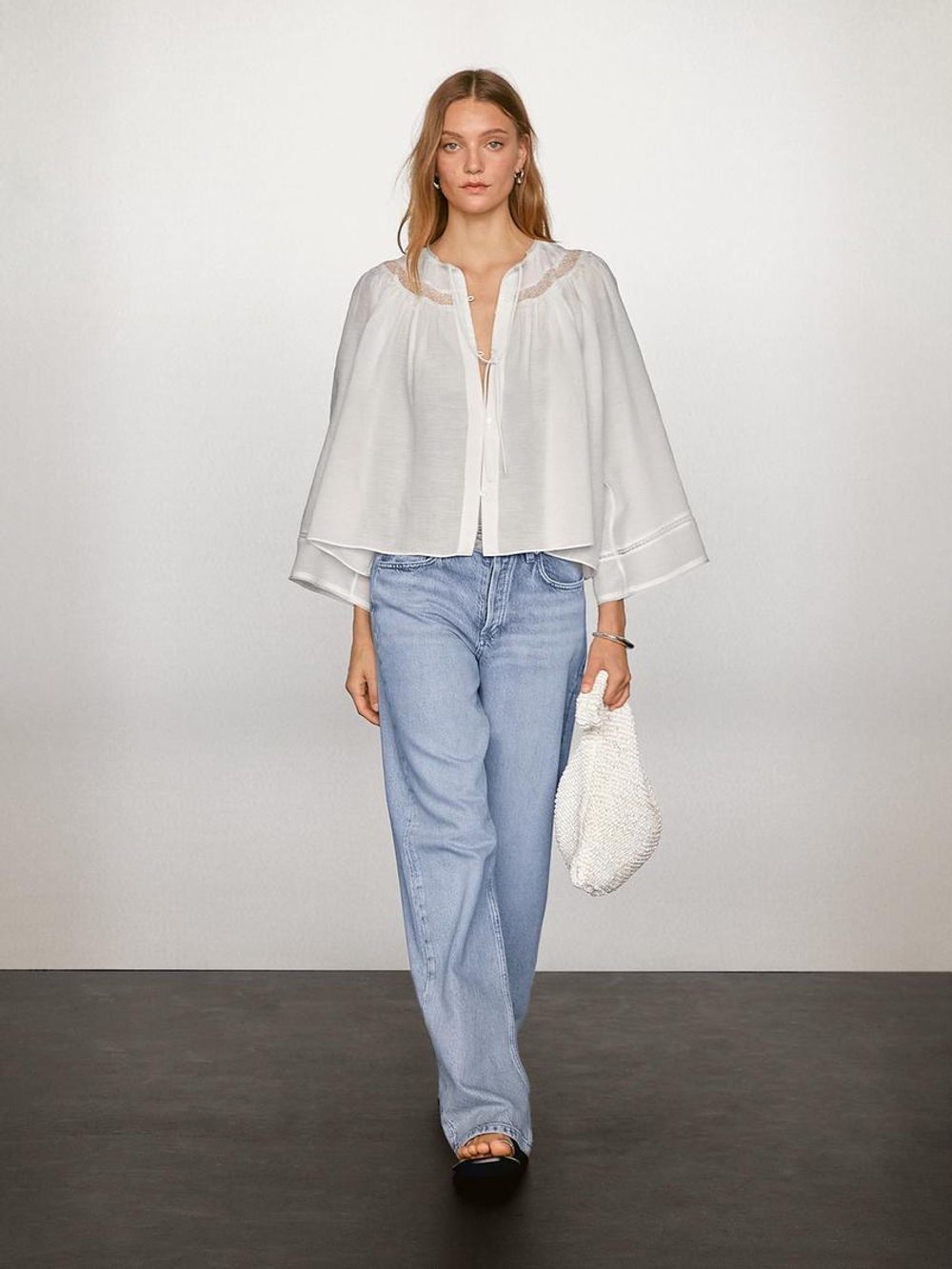 Massimo Dutti Блуза из струящейся ткани с отделкой кружевом, белый