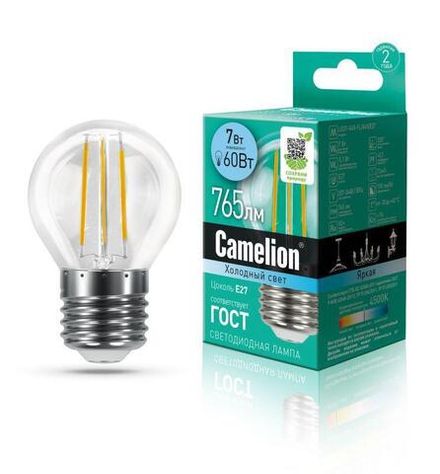 Лампа светодиодная филаментная LED7-G45-FL/845/E27 7Вт 220В Camelion 13459