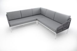 "Канны" диван модульный плетеный из роупа, каркас алюминий белый, роуп светло-серый круглый, ткань светло-серая