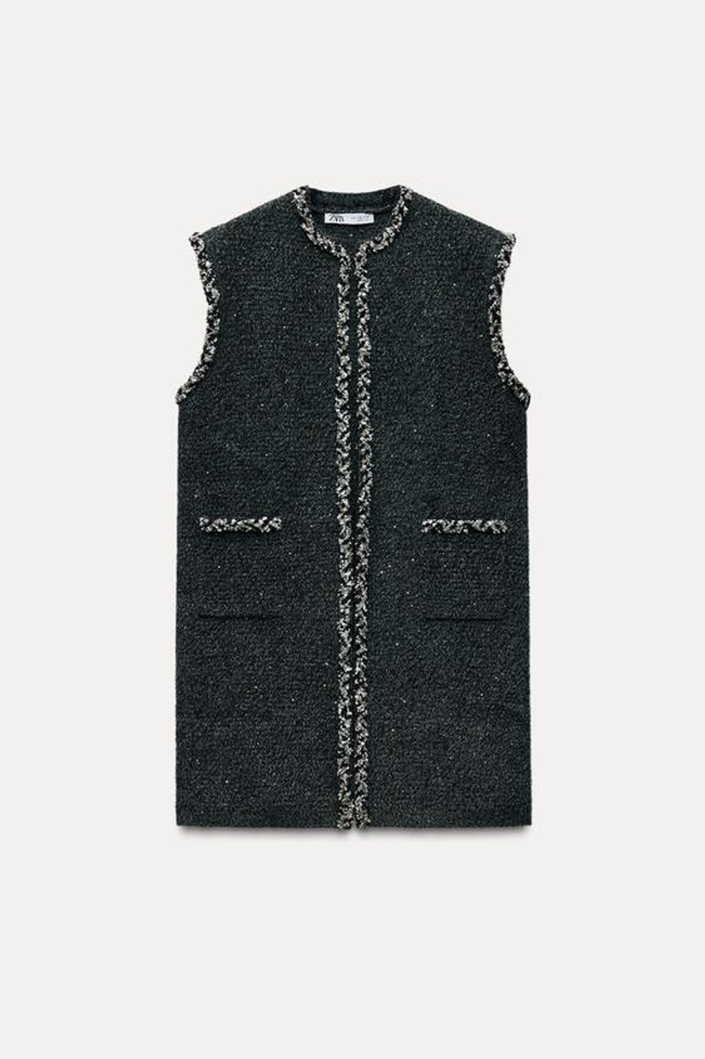 ZARA ТРИКОТАЖНЫЙ ЖИЛЕТ С ПАЙЕТКАМИ И ТЕСЬМОЙ, ТЕМНО-СЕРЫЙ