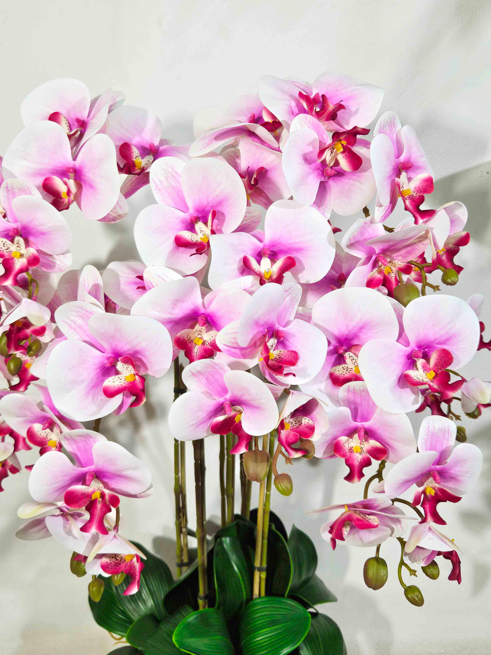 Орхидеи бело-лиловые 7 веток 65 см в широком кашпо