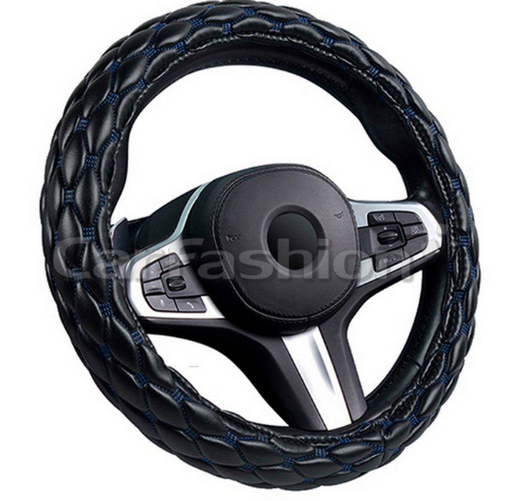 Оплетка на руль круглая CarFashion -М- «SHUTTLE» 31666 - Экокожа - черный/шов синий