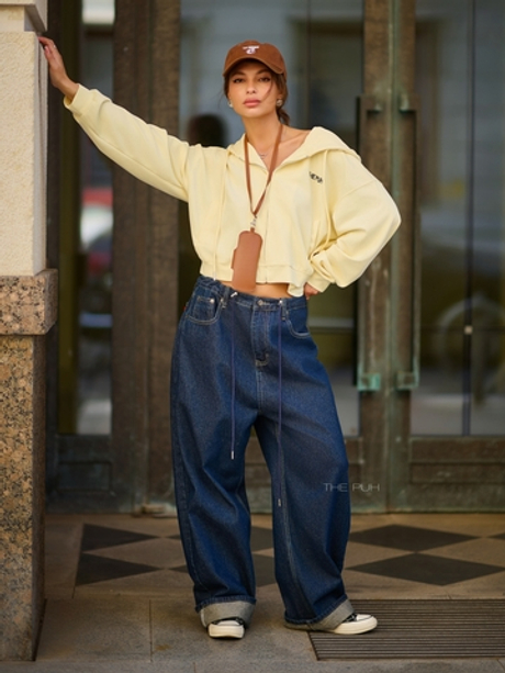 Темно-синие джинсы-трансформеры на кулиске