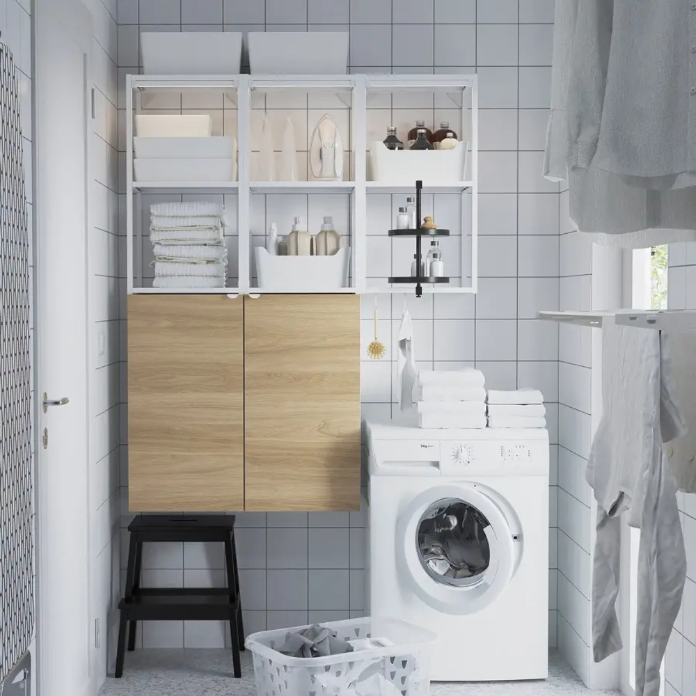 Комбинация для ванной - IKEA ENHET, 120х32х150 см, белый/имитация дуба, ЭНХЕТ ИКЕА