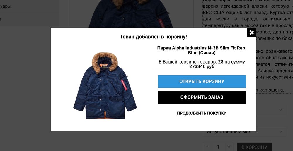 Форма появляющаяся при добавлении товара в корзину