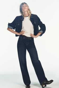 ZARA ДЖИНСЫ TRF STRAIGHT WIDE С ВЫСОКОЙ ПОСАДКОЙ И КОЖЕЙ, ТЕМНЫЙ ИНДИГО