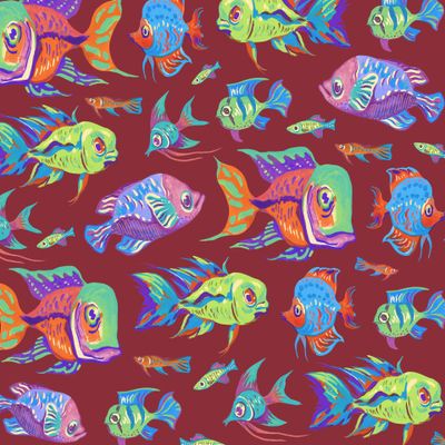 Тропические рыбки (разноцветные на темно-красном фоне)