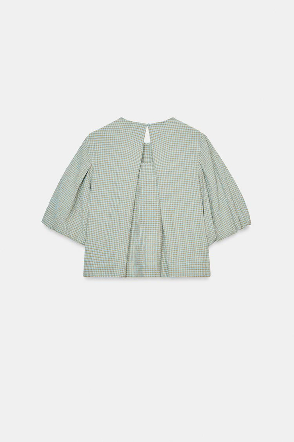 ZARA ТОП В КЛЕТКУ С ОБЪЕМНЫМИ РУКАВАМИ, КОРИЧНЕВО-СИНИЙ