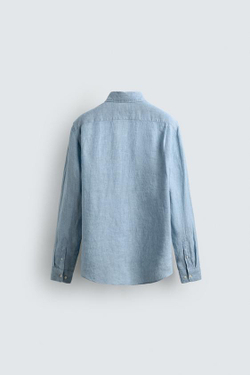 ZARA РУБАШКА ИЗ 100% ЛЬНА, ЛИНЯЛЫЙ ГОЛУБОЙ