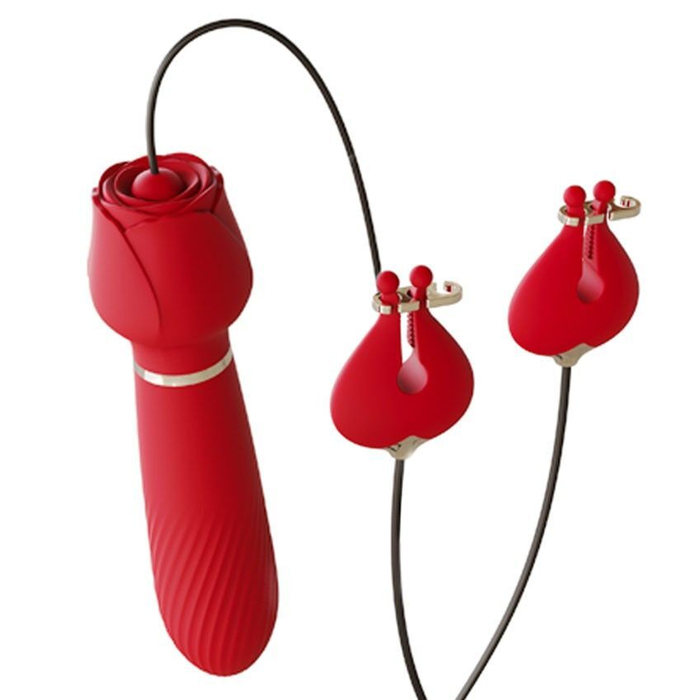 Красный вибромассажёр с зажимами для сосков - 16 см. (Цвет: красный)