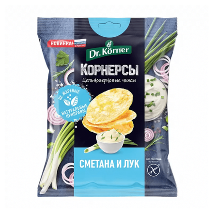 Dr.Korner Чипсы цельнозерновые кукурузно-рисовые, сметана и лук, 50гр, блок 14шт.