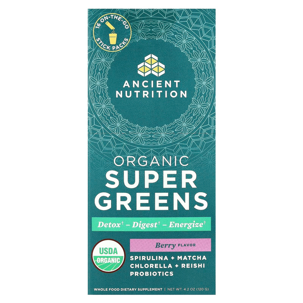 Ancient Nutrition, Organic Super Greens, ягоды, 16 упаковок в виде стиков, по 7,5 г (0,3 унции) каждая