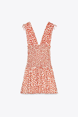 ZARA КОРОТКОЕ ПЛАТЬЕ С ЦВЕТОЧНЫМ ПРИНТОМ, ОТТЕНКИ КРАСНОГО